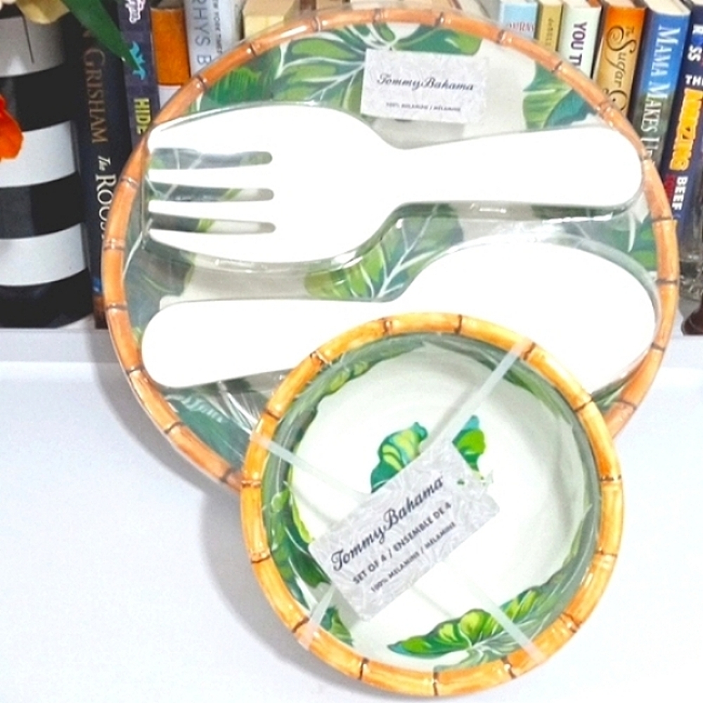 SET OF 7 TOMMY BAHAMA 100% MELAMINE 3-PC SALAD SERVER & UTENSILS 4-PC BOWLS NWT